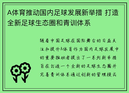 A体育推动国内足球发展新举措 打造全新足球生态圈和青训体系